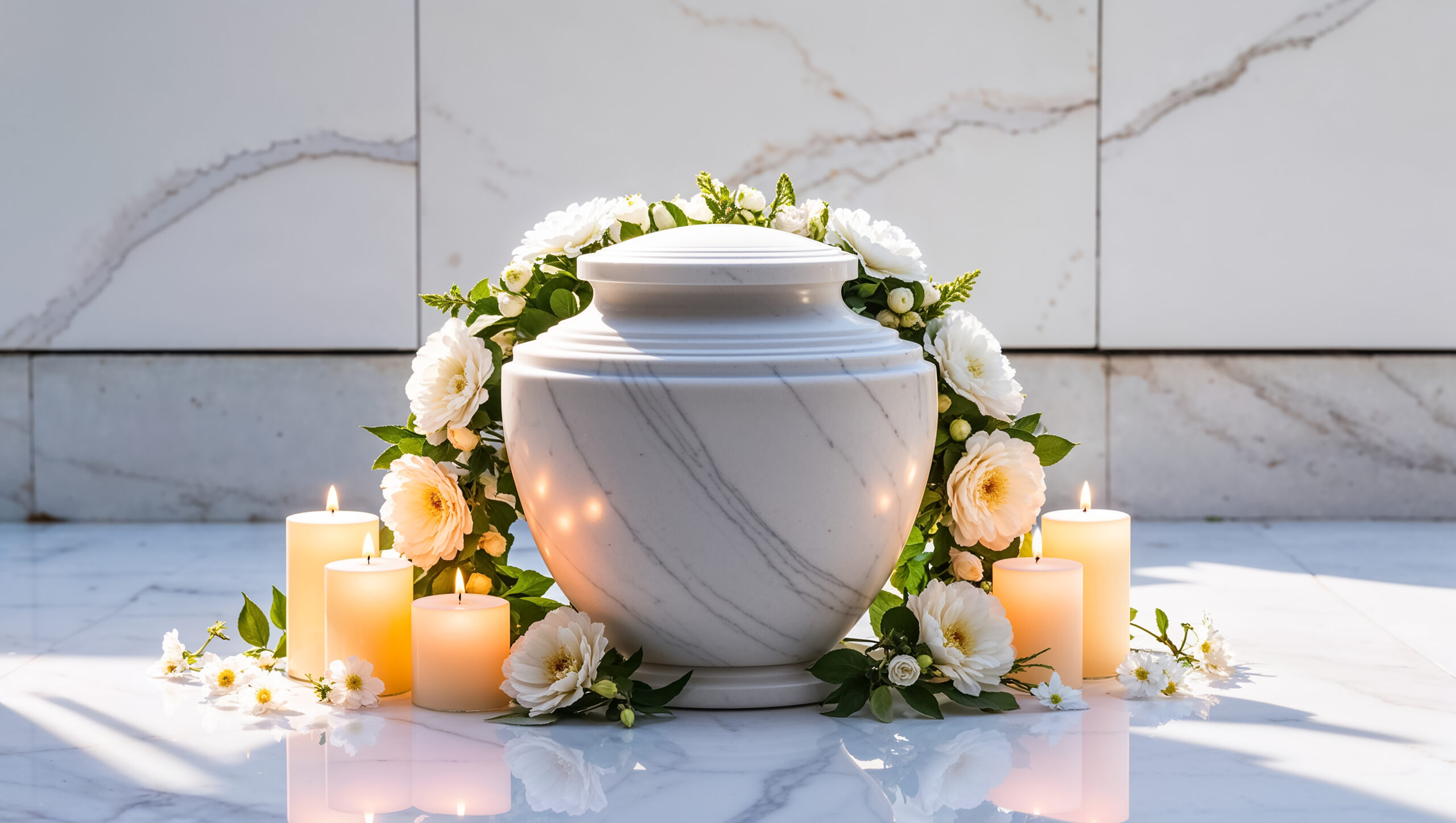 white-urn-ashes-flowers-candles-nature